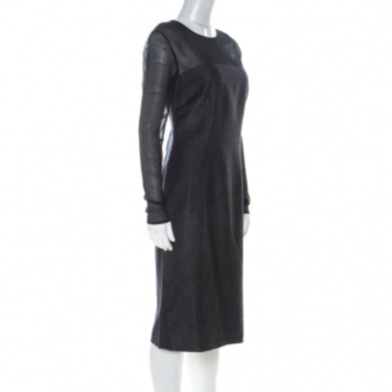Escada Metallic Grey Wool Blend Sheer Yoke Dariello Pencil Dress M Pour femmes en vente