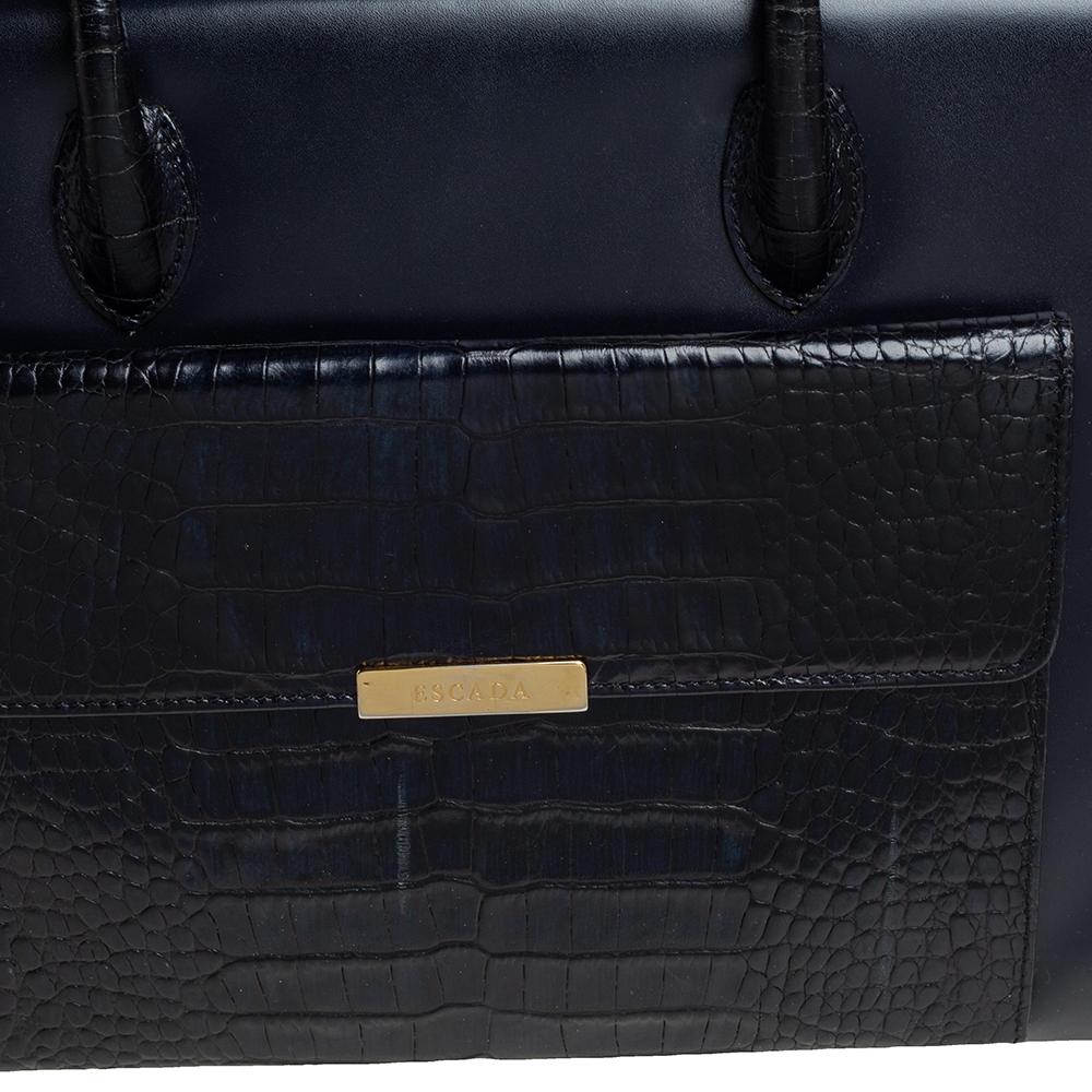 Escada Midnight Blue Leather and Croc Embossed Leather Front Pocket Tote 5