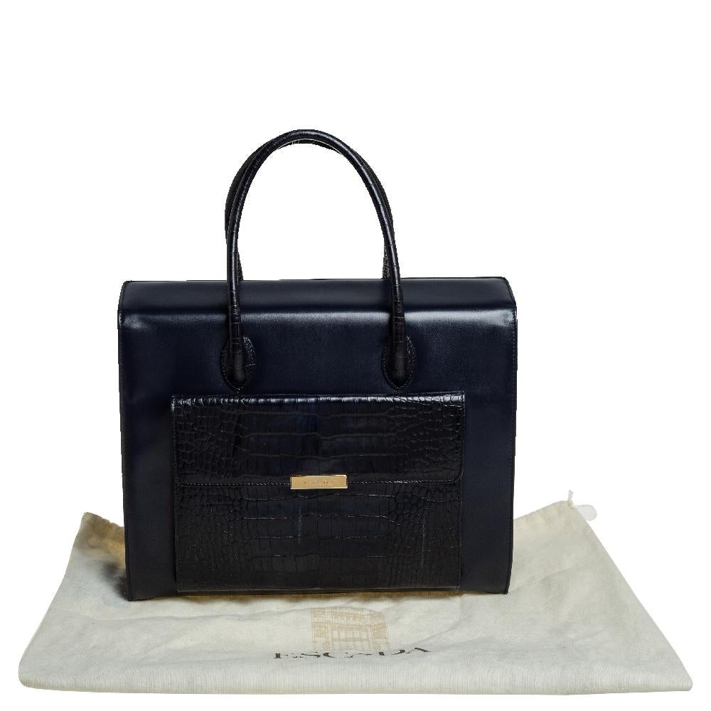 Escada Midnight Blue Leather and Croc Embossed Leather Front Pocket Tote 6