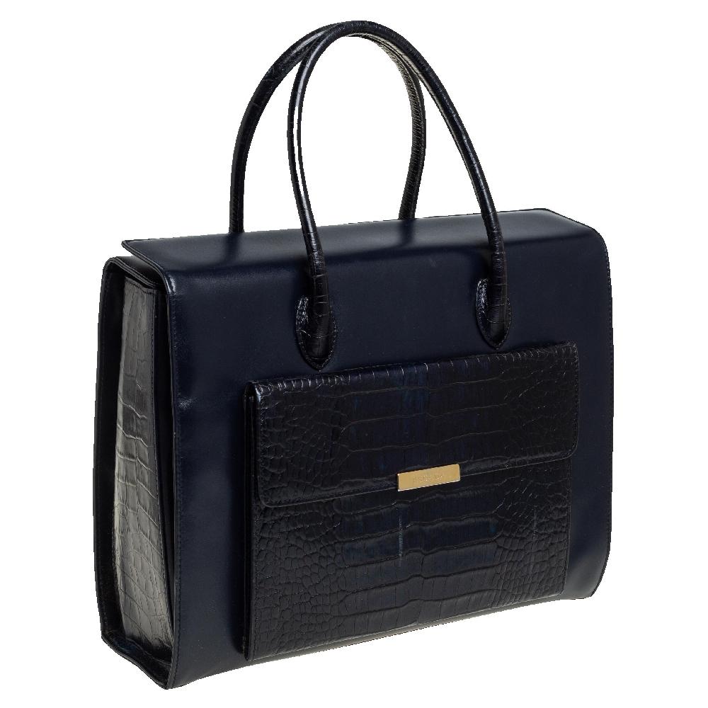 Black Escada Midnight Blue Leather and Croc Embossed Leather Front Pocket Tote