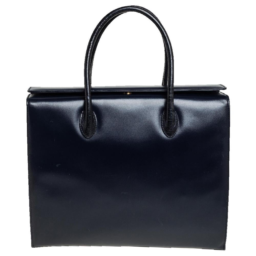 Escada Midnight Blue Leather and Croc Embossed Leather Front Pocket Tote In Good Condition In Dubai, Al Qouz 2