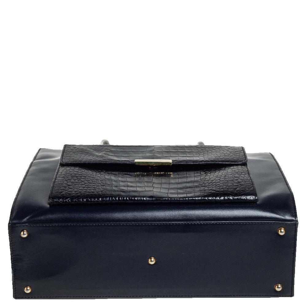 Women's or Men's Escada Midnight Blue Leather and Croc Embossed Leather Front Pocket Tote