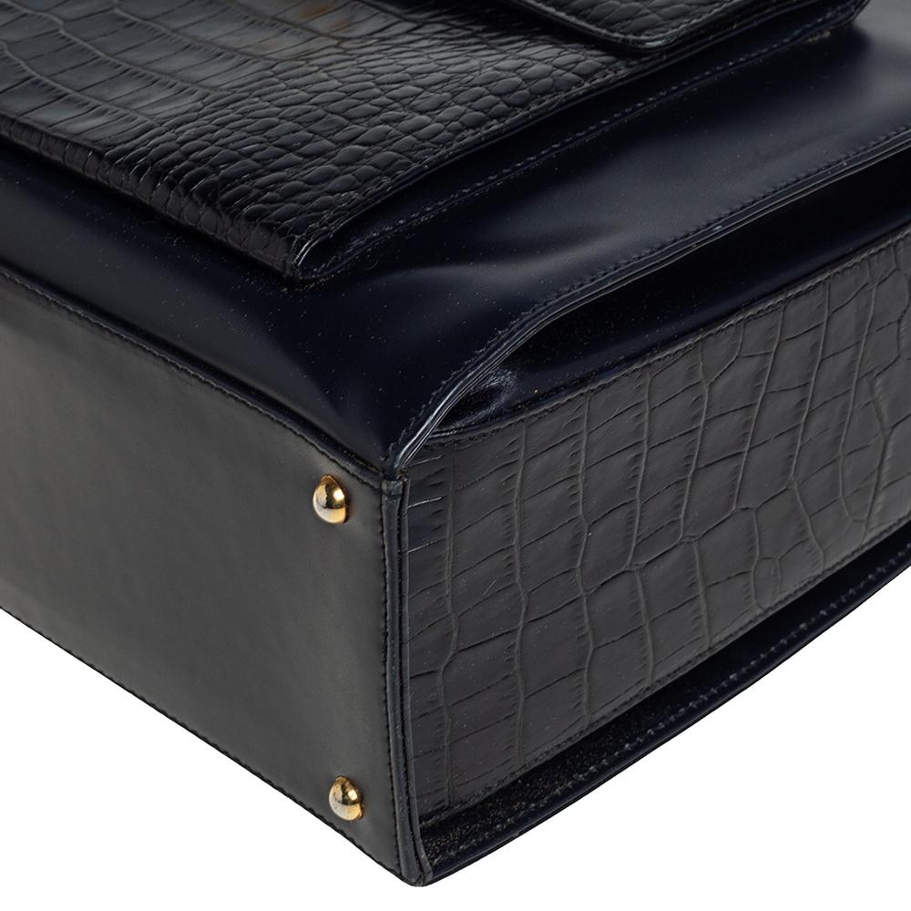 Escada Mitternachtsblau Leder und Krokoprägung Leder Fronttasche Tote 3