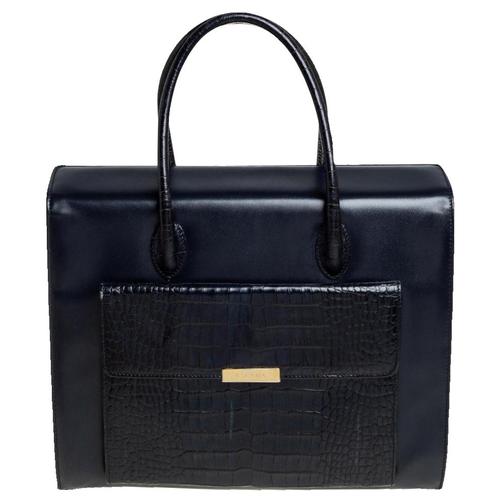 Escada Midnight Blue Leather and Croc Embossed Leather Front Pocket Tote