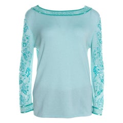 Escada Mint Green Knit Embellished Long Sleeve Top L