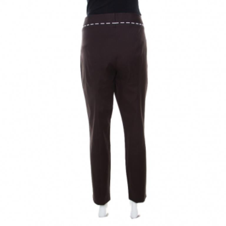 Nero Escada Mocca Brown Stretch Cotton Embroidered Waist Detail Cropped Pants L.L. in vendita