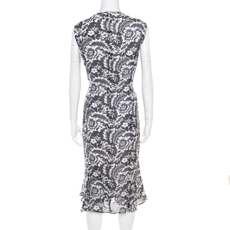 Gray Escada Monochrome Lace Printed Silk Sleeveless Flounce Midi Dress XL For Sale