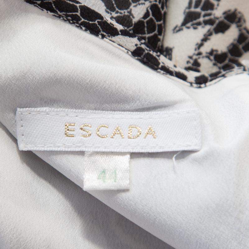 Escada Monochrome Lace Printed Silk Sleeveless Flounce Midi Dress XL For Sale 1