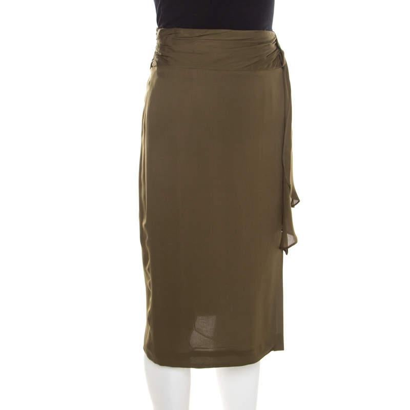 Escada Moss Green Silk Gathered Waistband Pencil Skirt L In Good Condition For Sale In Dubai, Al Qouz 2