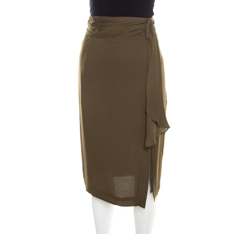 Escada Moss Green Silk Gathered Waistband Pencil Skirt L In Good Condition In Dubai, Al Qouz 2