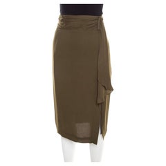 Escada Moss Green Silk Gathered Waistband Pencil Skirt L