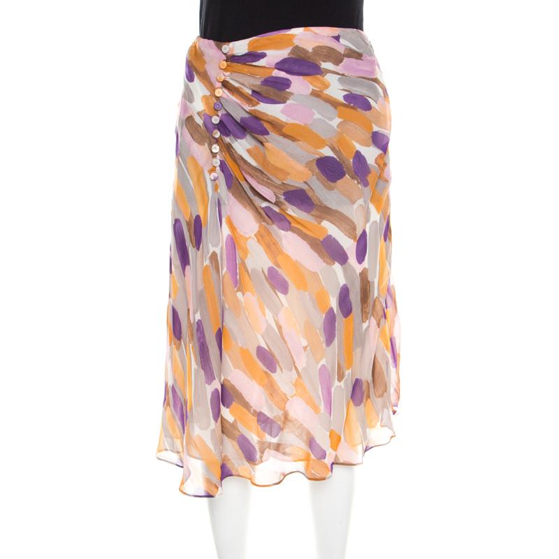 Beige Escada Multicolor Brush Stroke Printed Silk Chiffon A Line Skirt M