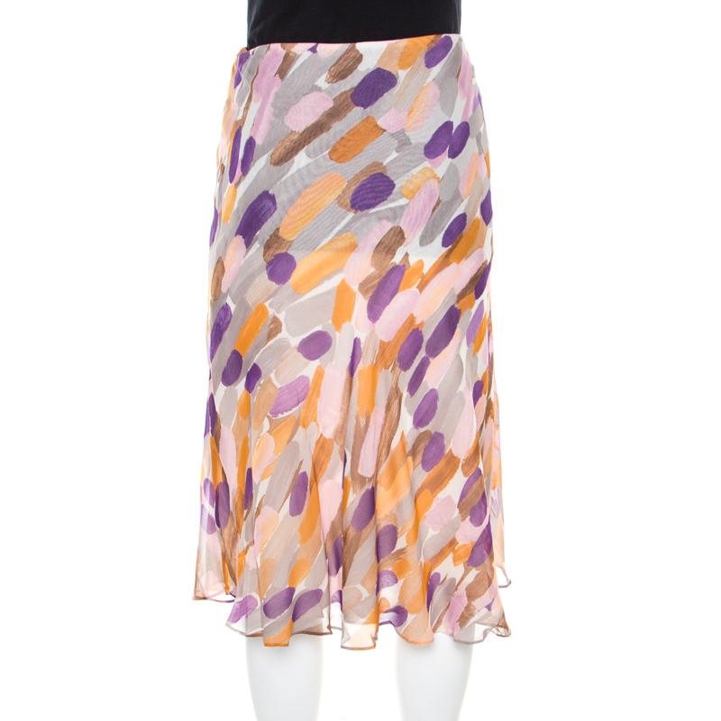 Beige Escada Multicolor Brushstroke Print Silk Ruched Front Flared Skirt M