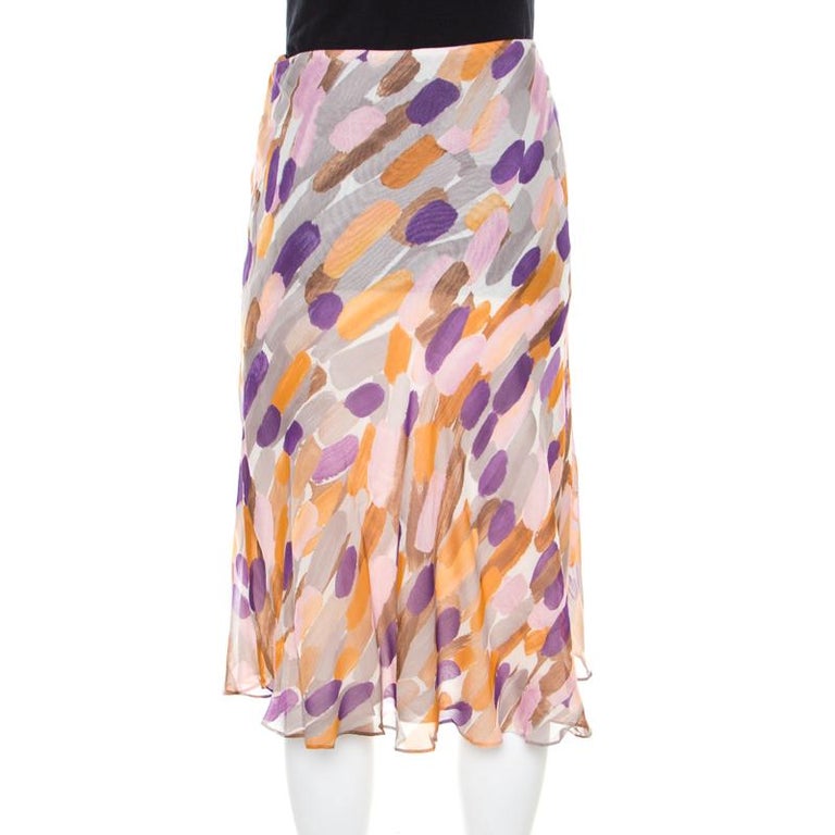 Escada Multicolor Brushstroke Print Silk Ruched Front Flared Skirt M at ...