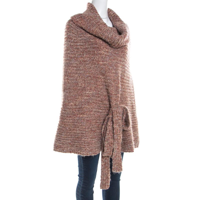 Brown Escada Multicolor Chunky Knit Alpaca Blend Turtleneck Cape M