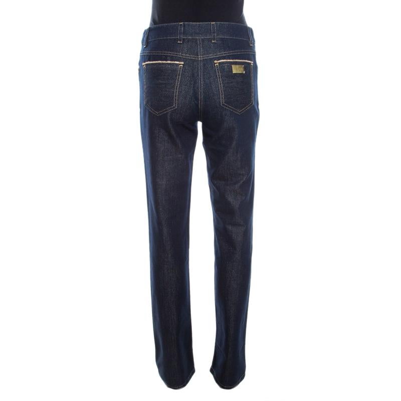 Black Escada Navy Blue Glitter Denim High Rise Straight Leg Jeans S