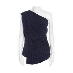Escada Navy Blue Pleated Crepe Honeycomb Smocking Detail One Shoulder Nienke Top