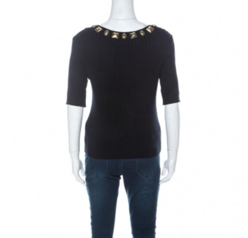 Escada Marineblaues Oberteil aus Rippenstrick mit goldenem verziertem Ausschnitt und dreiviertelärmeln M (Schwarz) im Angebot