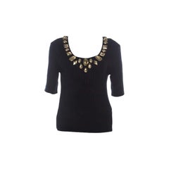 Escada Navy Blue Rib Knit Gold Embellished Neckline Three Quarter Sleeve Top M
