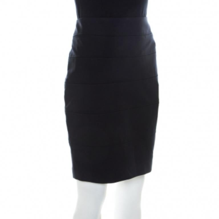 Noir Escada Navy Blue Stretch Crepe Panelled Pencil Skirt M en vente