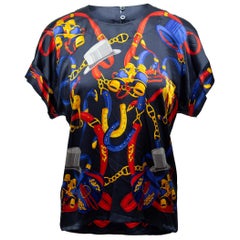 Escada Navy & Multicolor Silk Equestrian Print Top