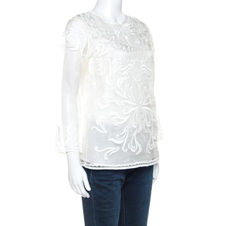Escada Off White Embroidered Sheer Silk Organza Long Sleeve Nensa ...