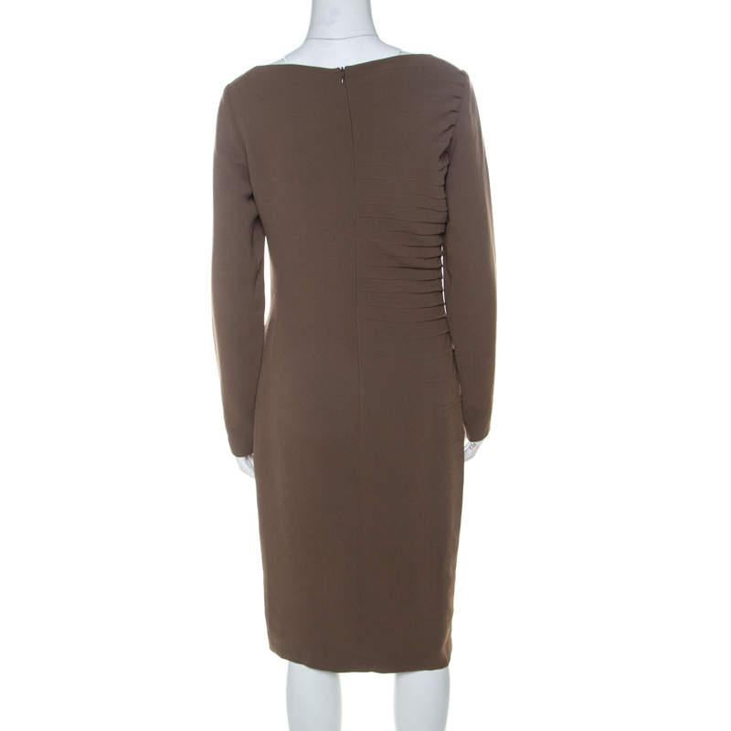 Black Escada Olive Green Crepe Side Pleated Long Sleeve Shift Dress M