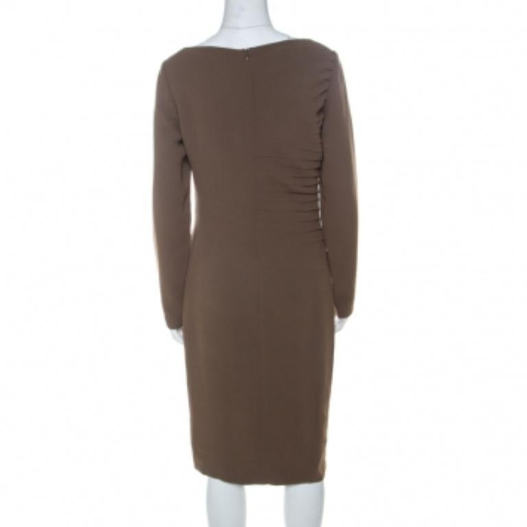 Robe droite plissée latérale en crêpe vert olive Escada, taille M Bon état - En vente à Dubai, Al Qouz 2