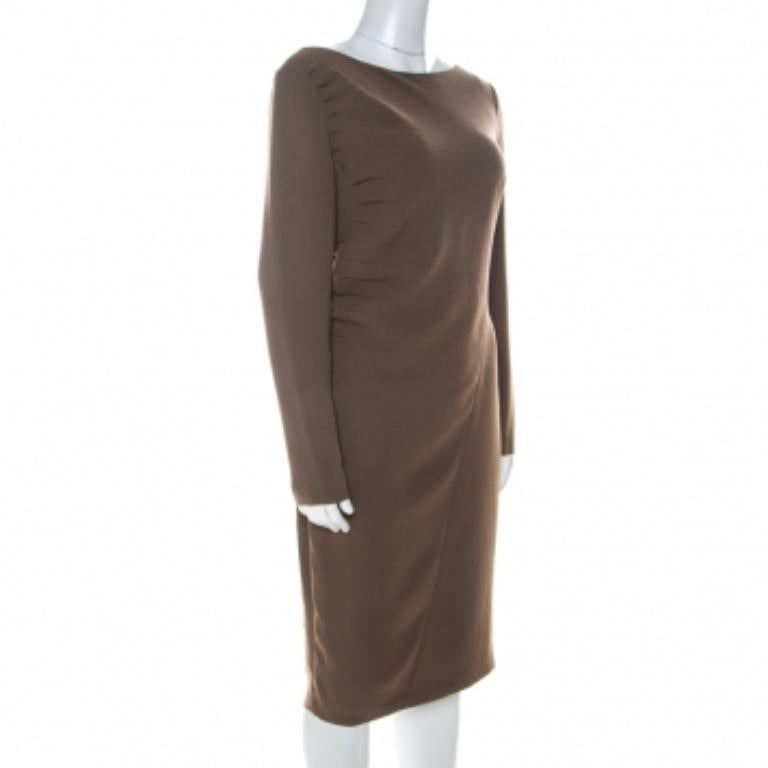 Robe droite plissée latérale en crêpe vert olive Escada, taille M Pour femmes en vente
