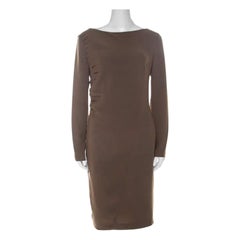 Escada Olive Green Crepe Side Pleated Long Sleeve Shift Dress M