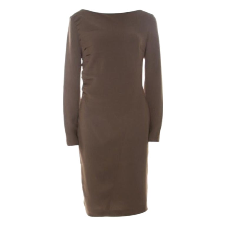 Escada Olive Green Crepe Side Pleated Long Sleeve Shift Dress M