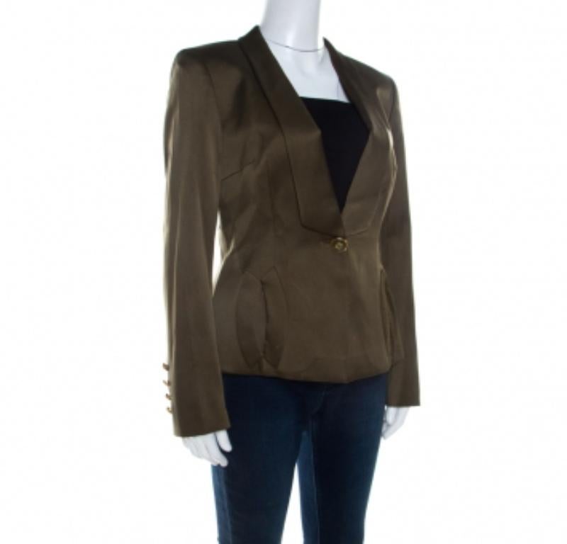 Escada Olivgrüner maßgeschneiderter Blazer aus Seiden-Satin M Damen im Angebot