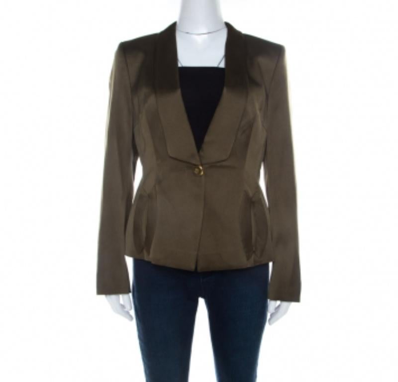 Escada Olivgrüner maßgeschneiderter Blazer aus Seiden-Satin M im Angebot