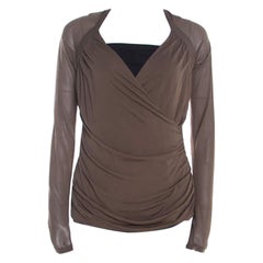 Escada Olive Green Stretch Knit Draped Faux Wrap Bodice Top M