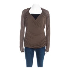 Escada Olive Green Stretch Knit Draped Faux Wrap Bodice Top M