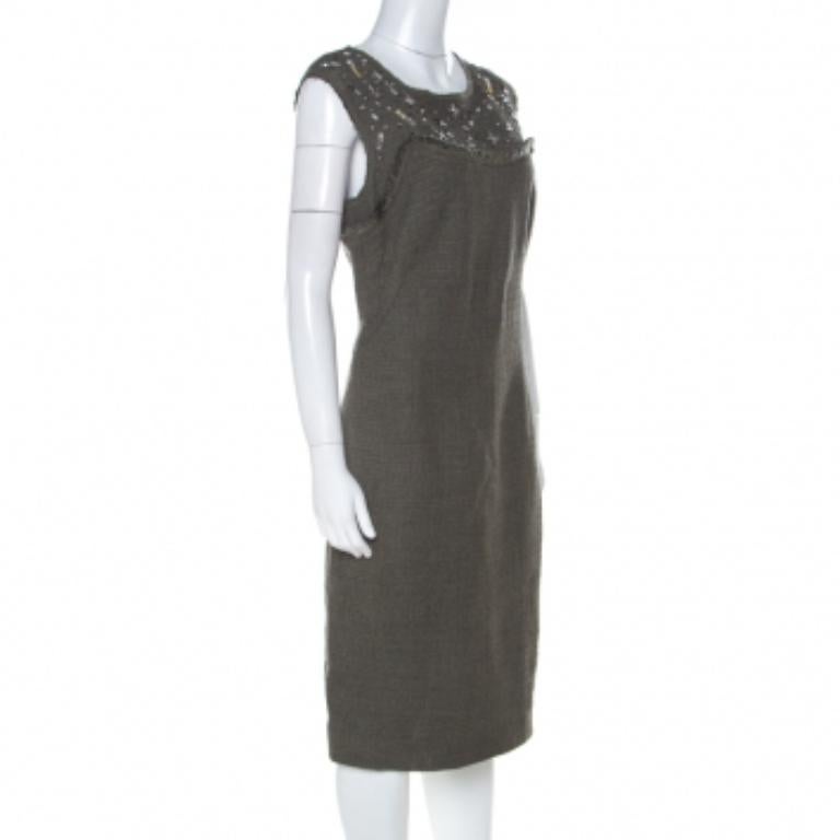 Escada Olive Green Tweed Embellished Delrose Sleeveless Dress M Pour femmes en vente
