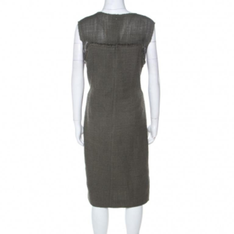 Escada Olive Green Tweed Embellished Delrose Sleeveless Dress M en vente 1