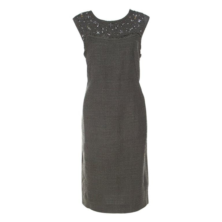 Escada Olive Green Tweed Embellished Delrose Sleeveless Dress M For Sale