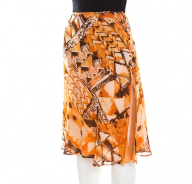 Orange Jupe trapèze Escada orange à imprimé abstrait en géorgette de soie L en vente