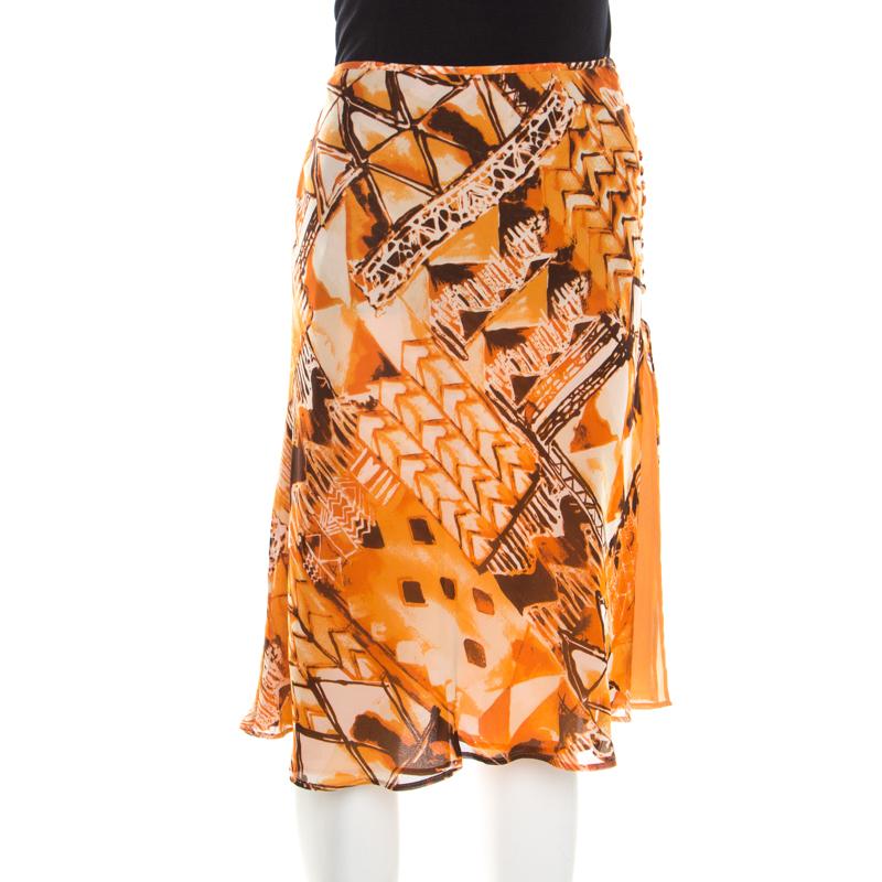 Escada Orange Abstract Print Silk Georgette A Line Skirt L In New Condition In Dubai, Al Qouz 2