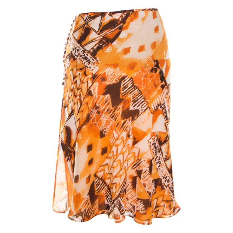 Escada Orange Abstract Print Silk Georgette A Line Skirt L at 1stDibs