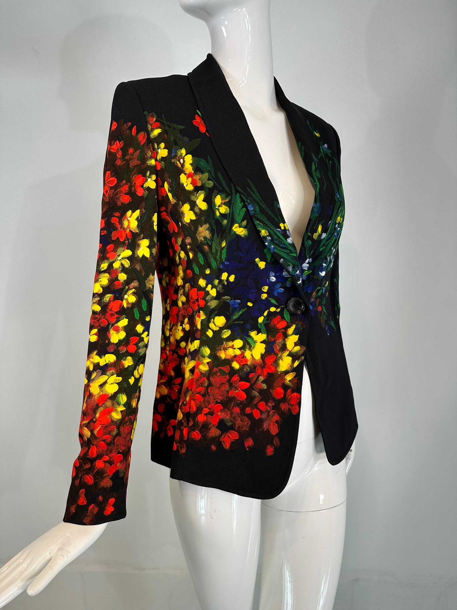 Escada Painterly Black with Floral Single Button Notched Lapel Jacket For Sale 8