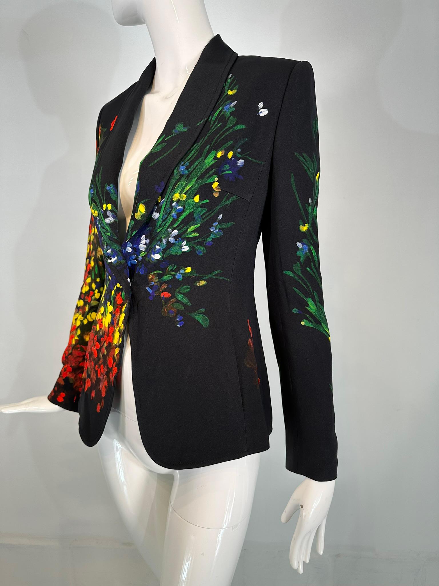 Escada floral painterly black single button notched lapel jacket. Screen printed & looks like painting. Modernist flower garden including the inside facings. The black jacket has a single button closure at the waist front, notched lapel & collar. On