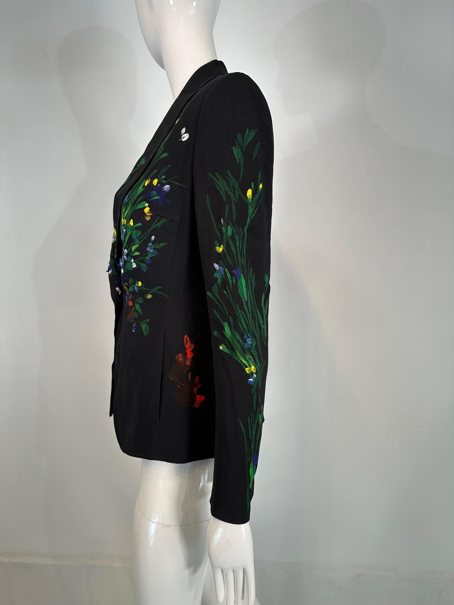 Escada Painterly Black with Floral Single Button Notched Lapel Jacket In Good Condition For Sale In West Palm Beach, FL