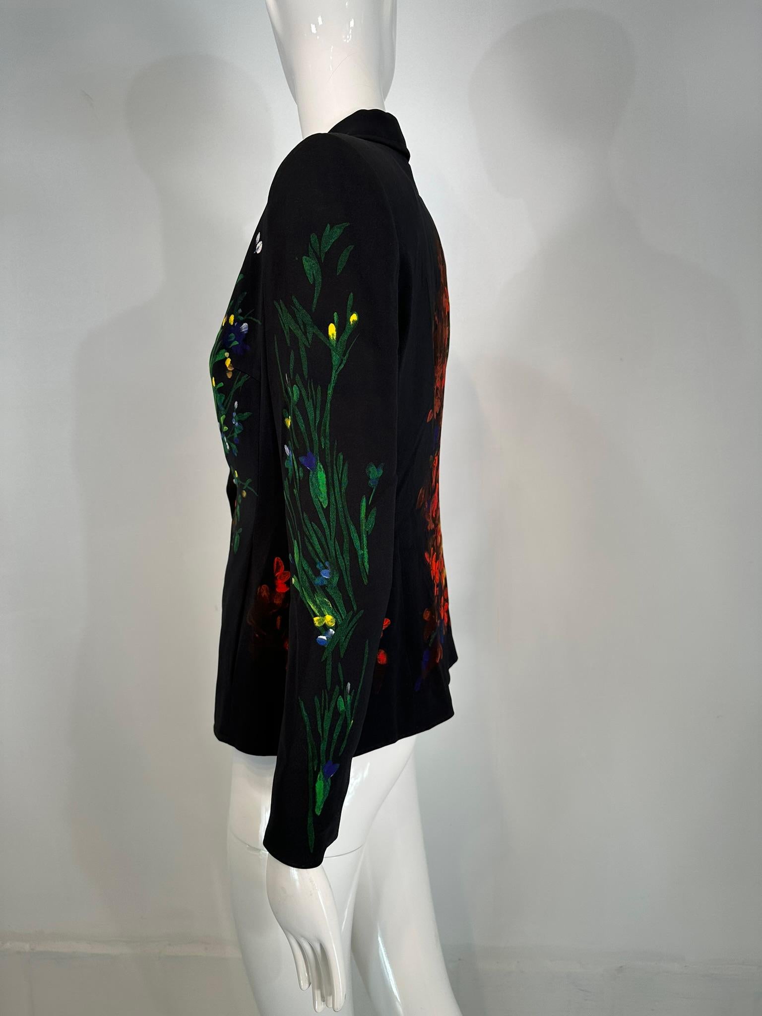 Women's Escada Painterly Black with Floral Single Button Notched Lapel Jacket For Sale