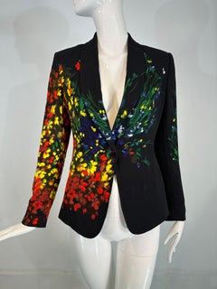 Escada Painterly Black with Floral Single Button Notched Lapel Jacket