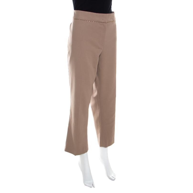 Escada Pampas Brown Stretch Cotton Waist Detail Cropped Tonikka Pants XL In New Condition In Dubai, Al Qouz 2