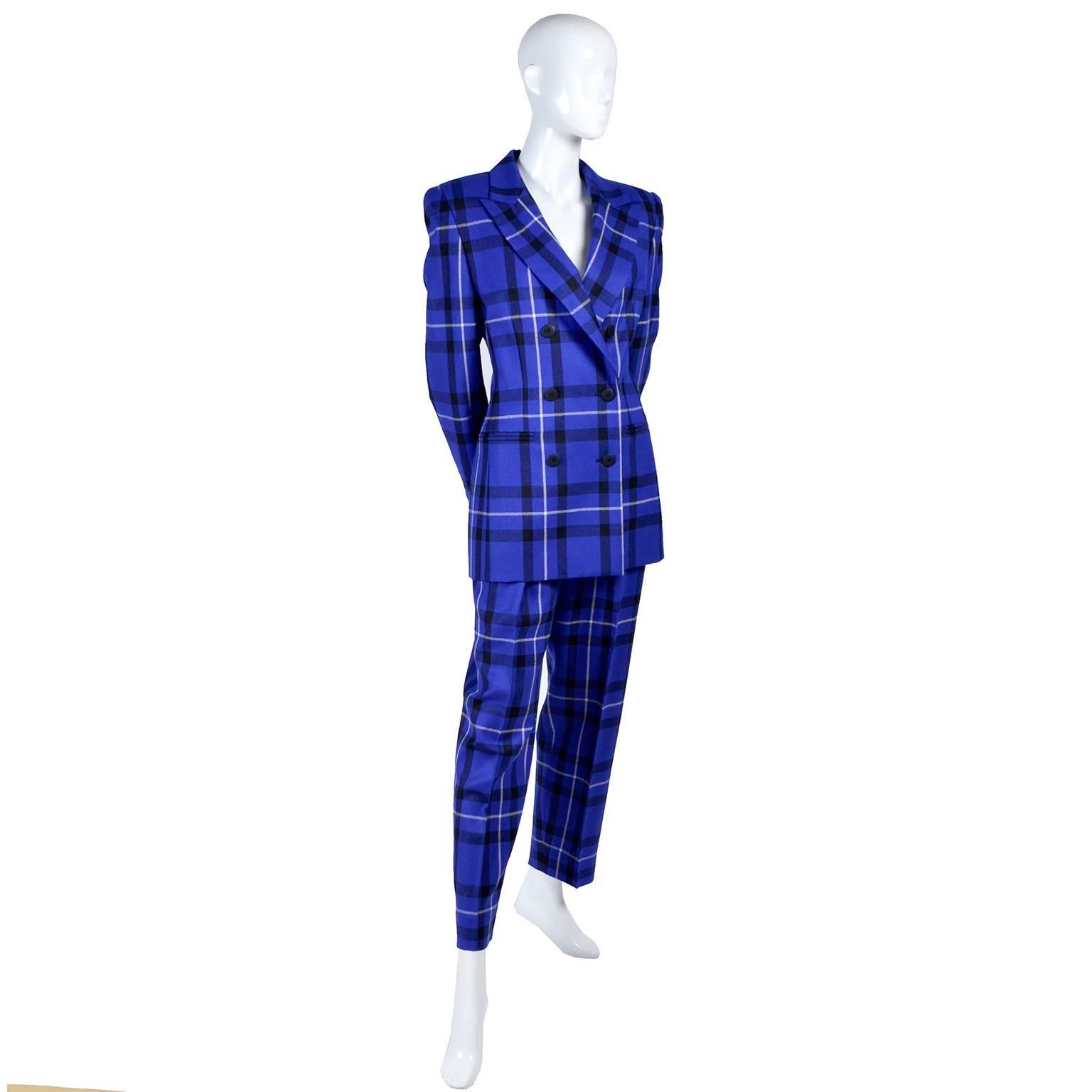 Escada Pantsuit in Blue Plaid Wool w/ Trousers & Blazer Jacket by Margaretha Ley In Excellent Condition In Portland, OR