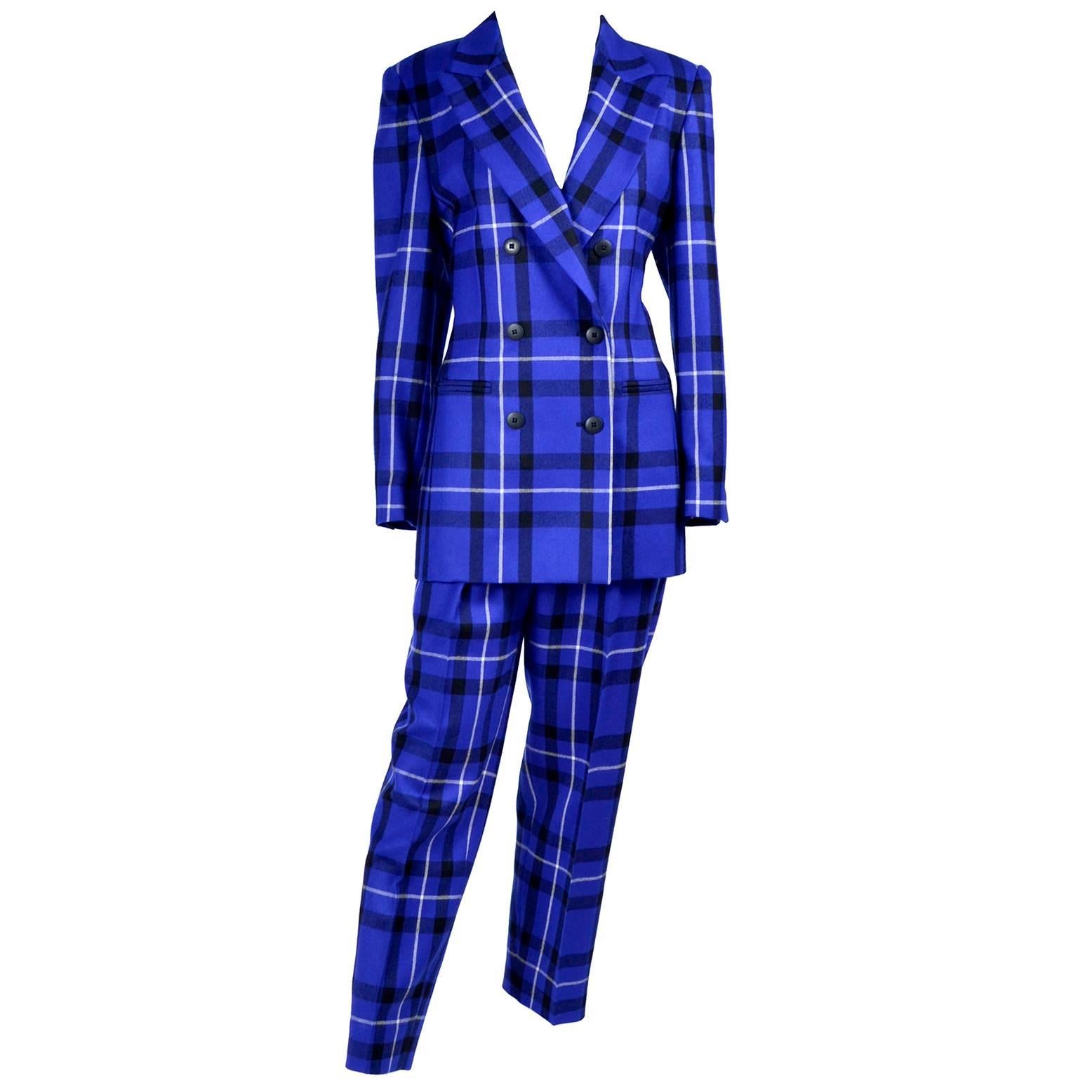 Women's Escada Pantsuit in Blue Plaid Wool w/ Trousers & Blazer Jacket by Margaretha Ley
