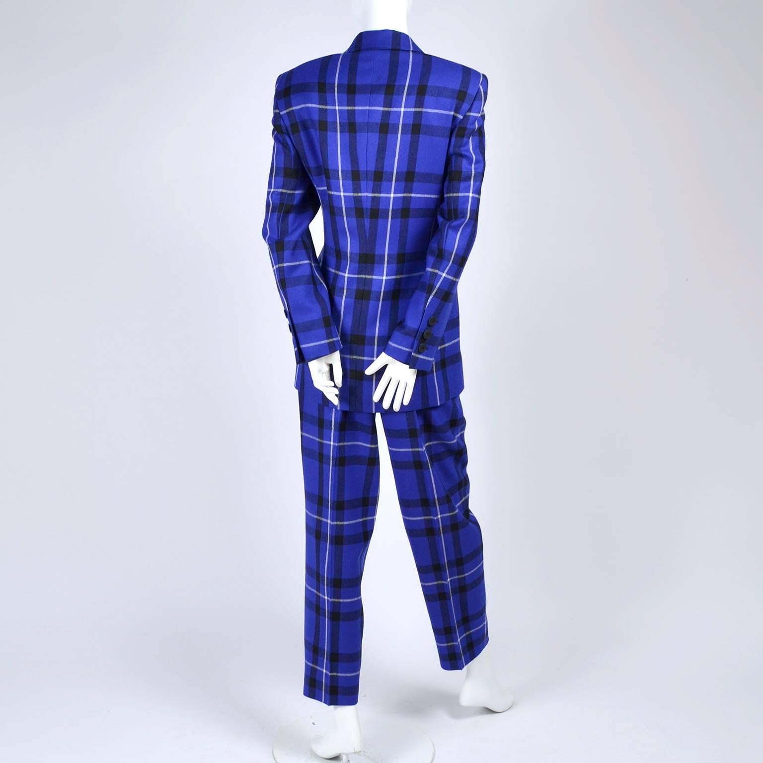 Escada Pantsuit in Blue Plaid Wool w/ Trousers & Blazer Jacket by Margaretha Ley 1